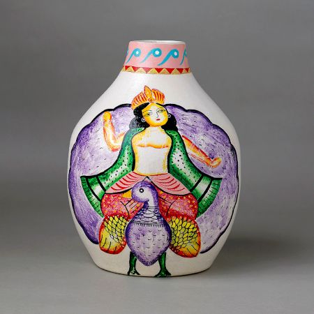 Handcrafted Ceramic Kalighat Kartikeya Folk Art Decorative Vase